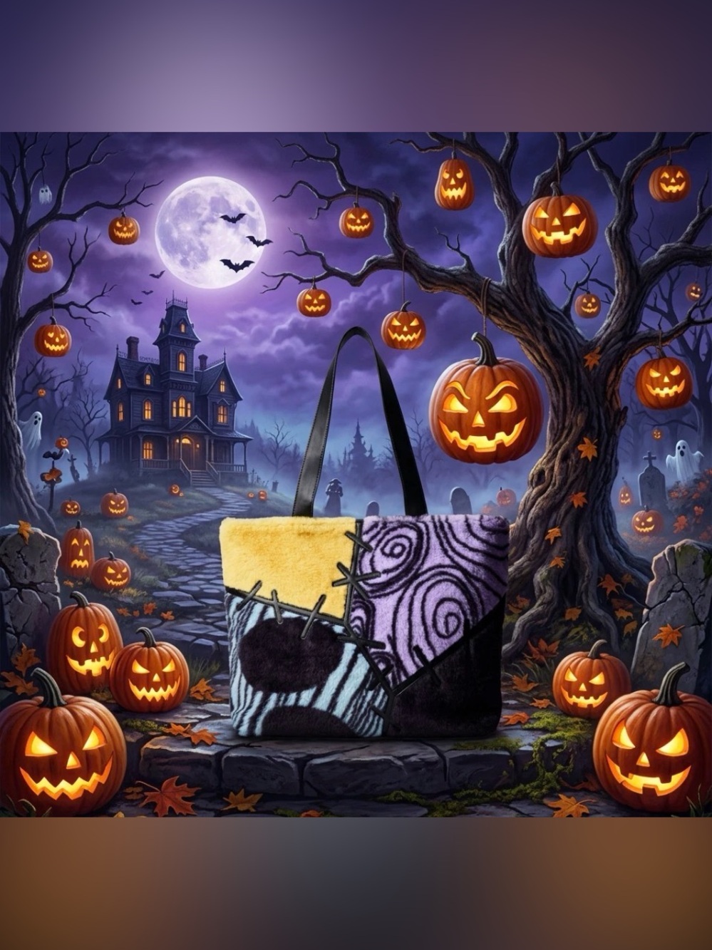 7 pc Set Bath & Body Works Faux Fur Jack Skellington & Sally Tote with Body Care